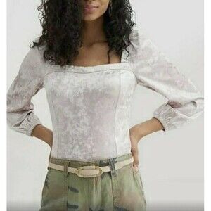 Anthropologie Light Gray Puff Sleeve Crop Top